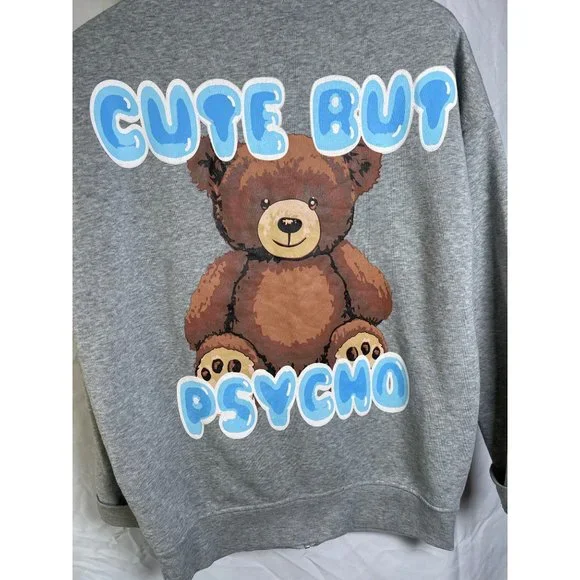Birch & Stone “Cute But Psycho” Zip Up Teddy Bear Hoodie Sweater Gray Size S - Picture 3 of 7